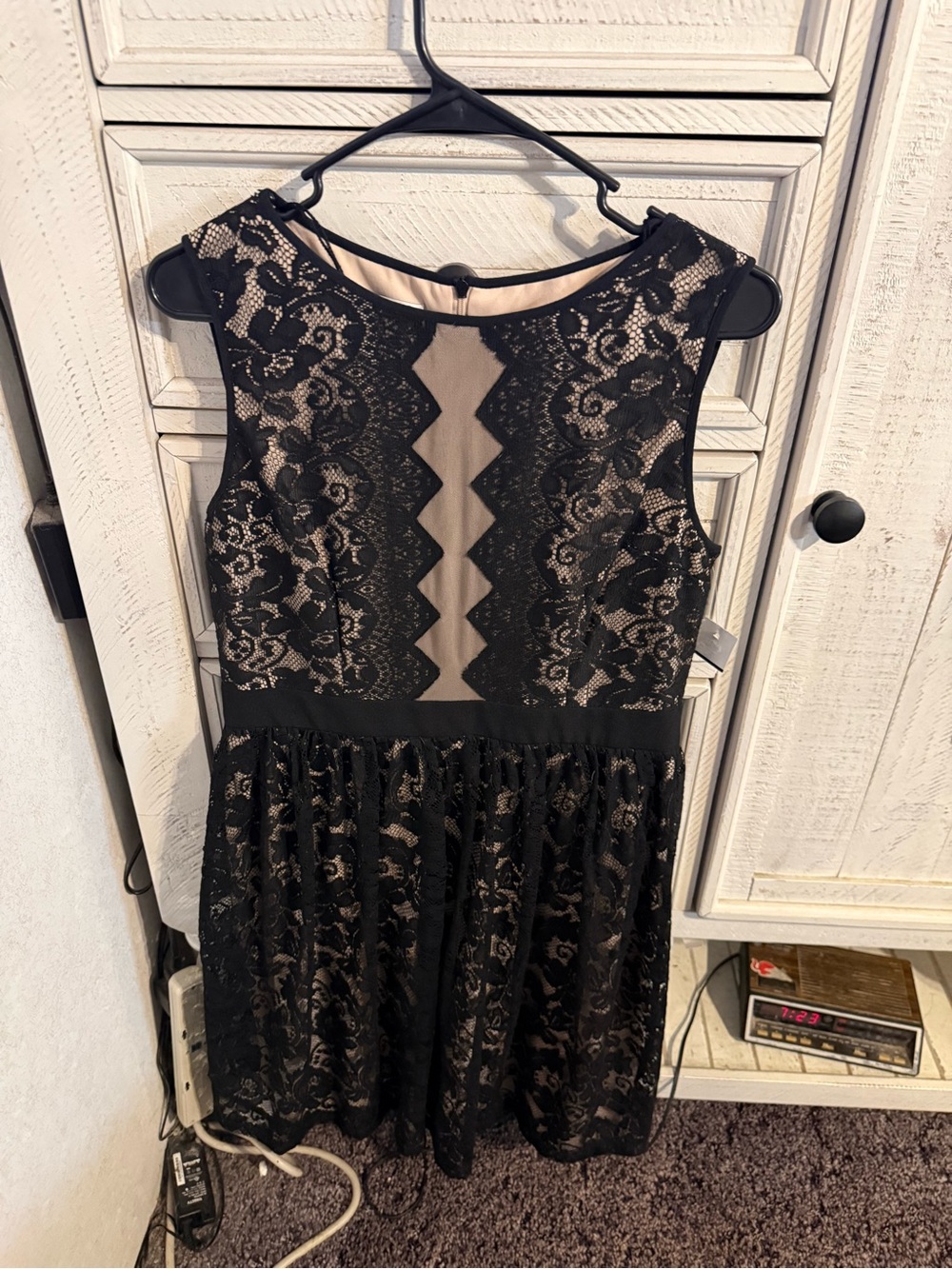 London Style Black Lace over Nude Midi Dress